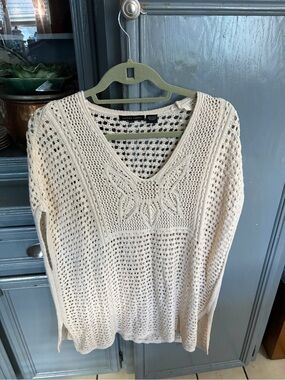 JEANNE PIERRE Cream Openwork V-Neck Knit Sweater
